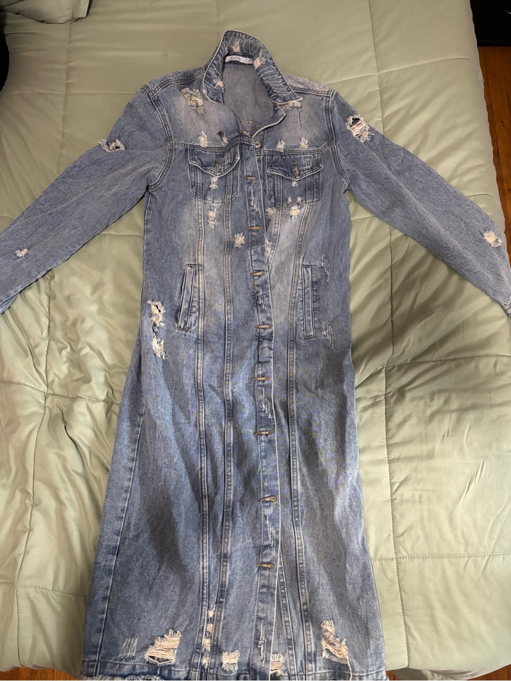 Long Distressed Denim Trench Coat - Light Blue